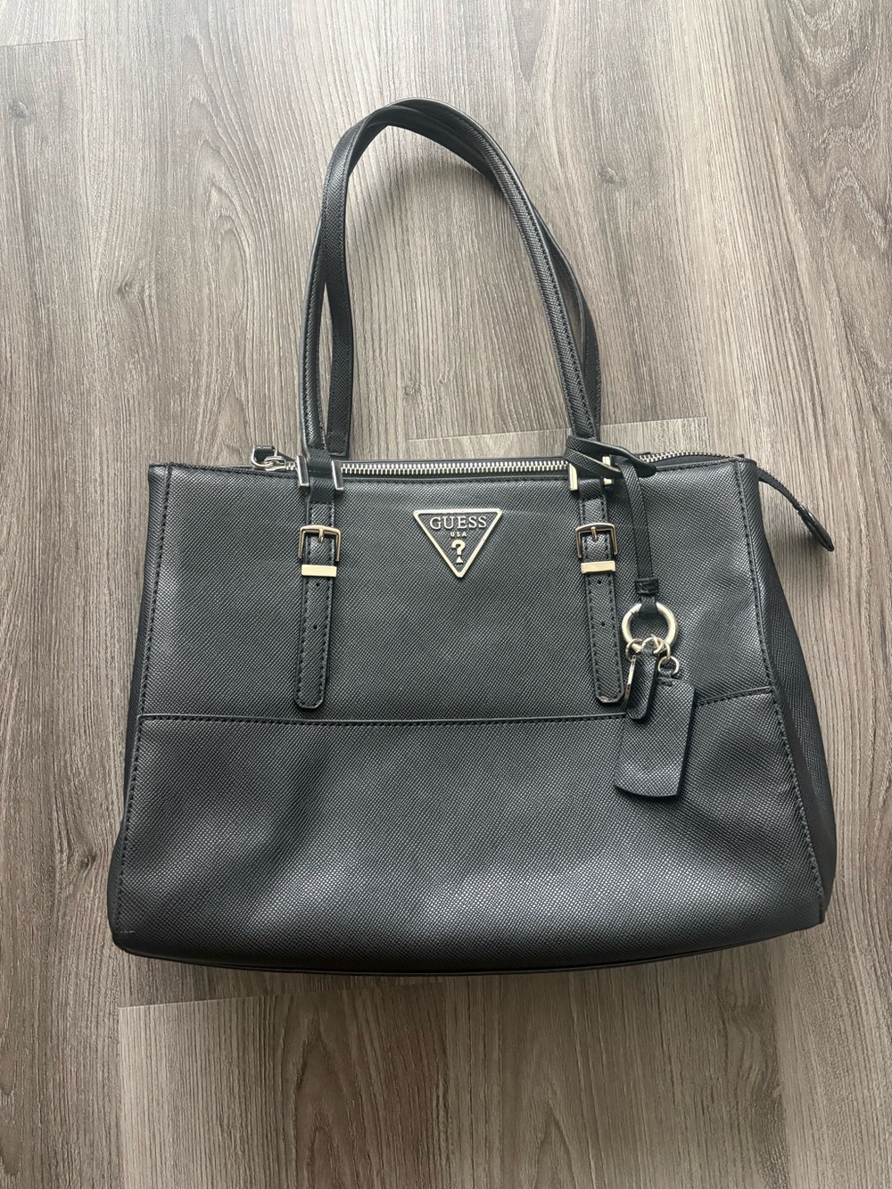 GUESS Black Saffiano Leather Tote with Gold-Tone Logo